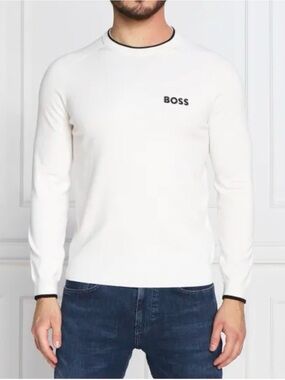 BOSS Ralvin sweater Cream Crewneck with Black Logo Trim